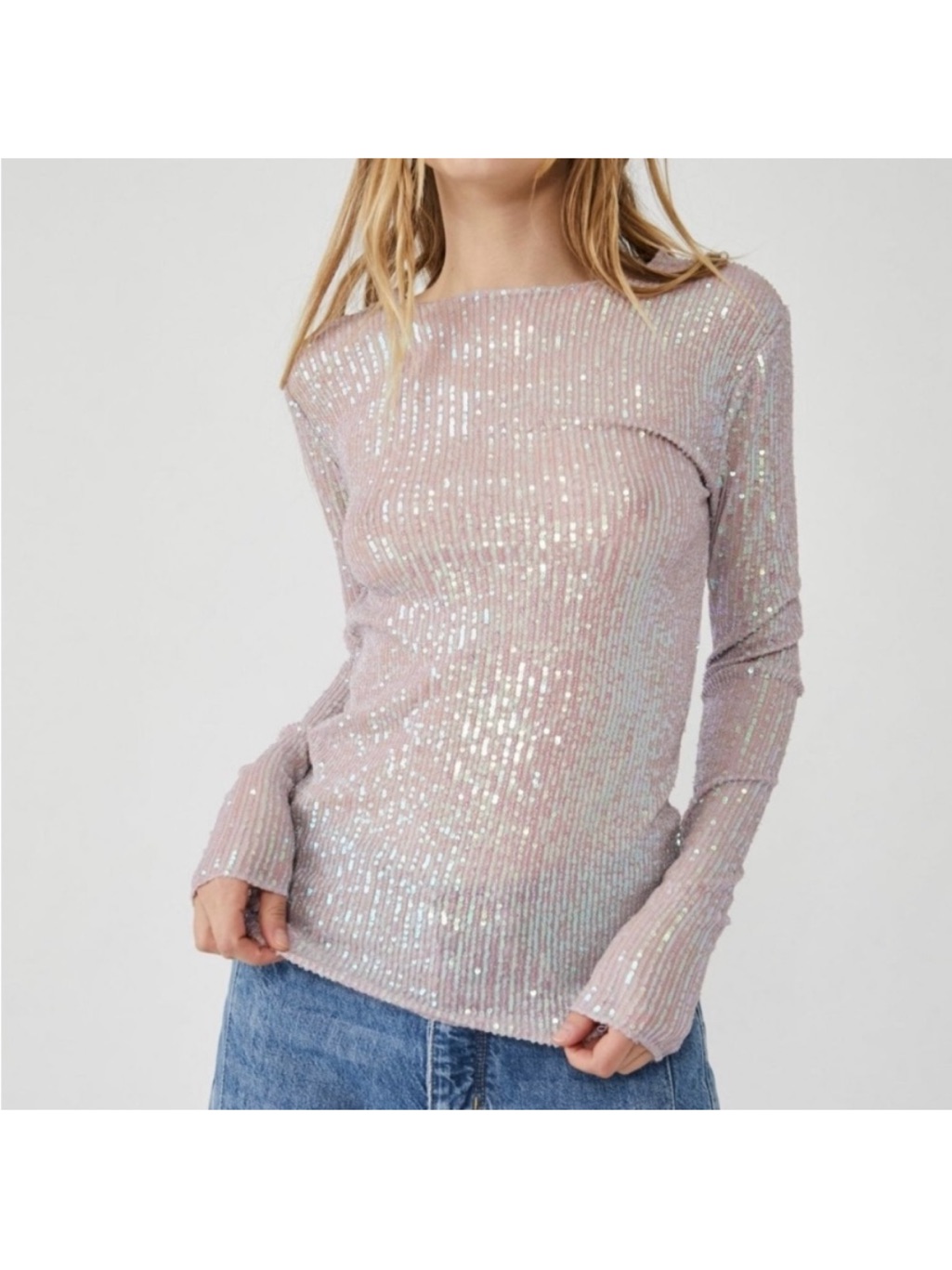 Free People Iridescent Sequin Ribbed Long Sleeve Top